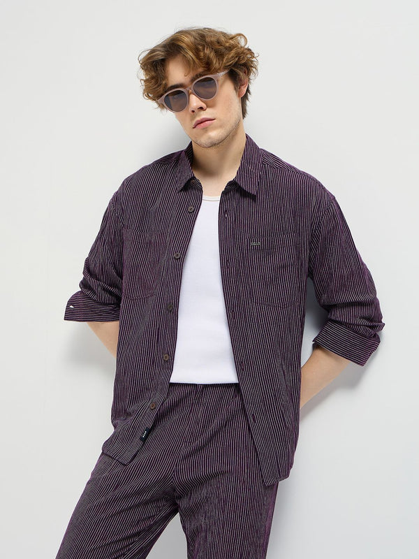 THE BEAR HOUSE Men Cutaway Collar Pinstripes Striped Casual Shirt