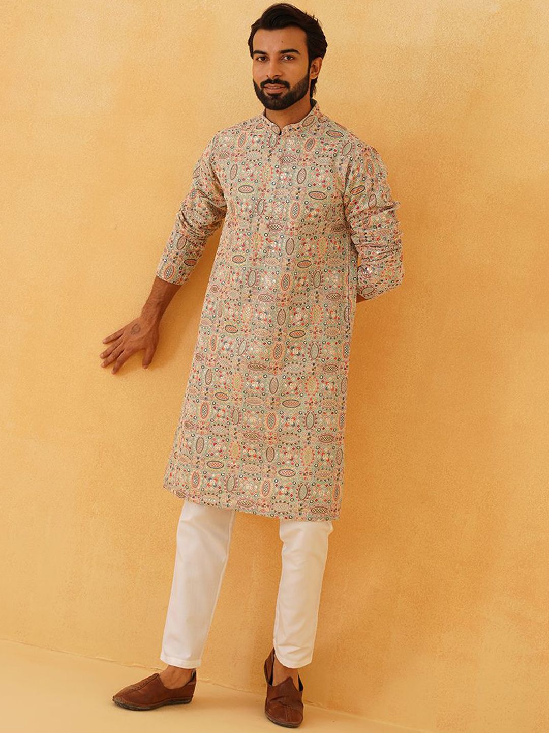 SOJANYA LUXE Lelaki Sulam Benang Kerja Georgette Kurta