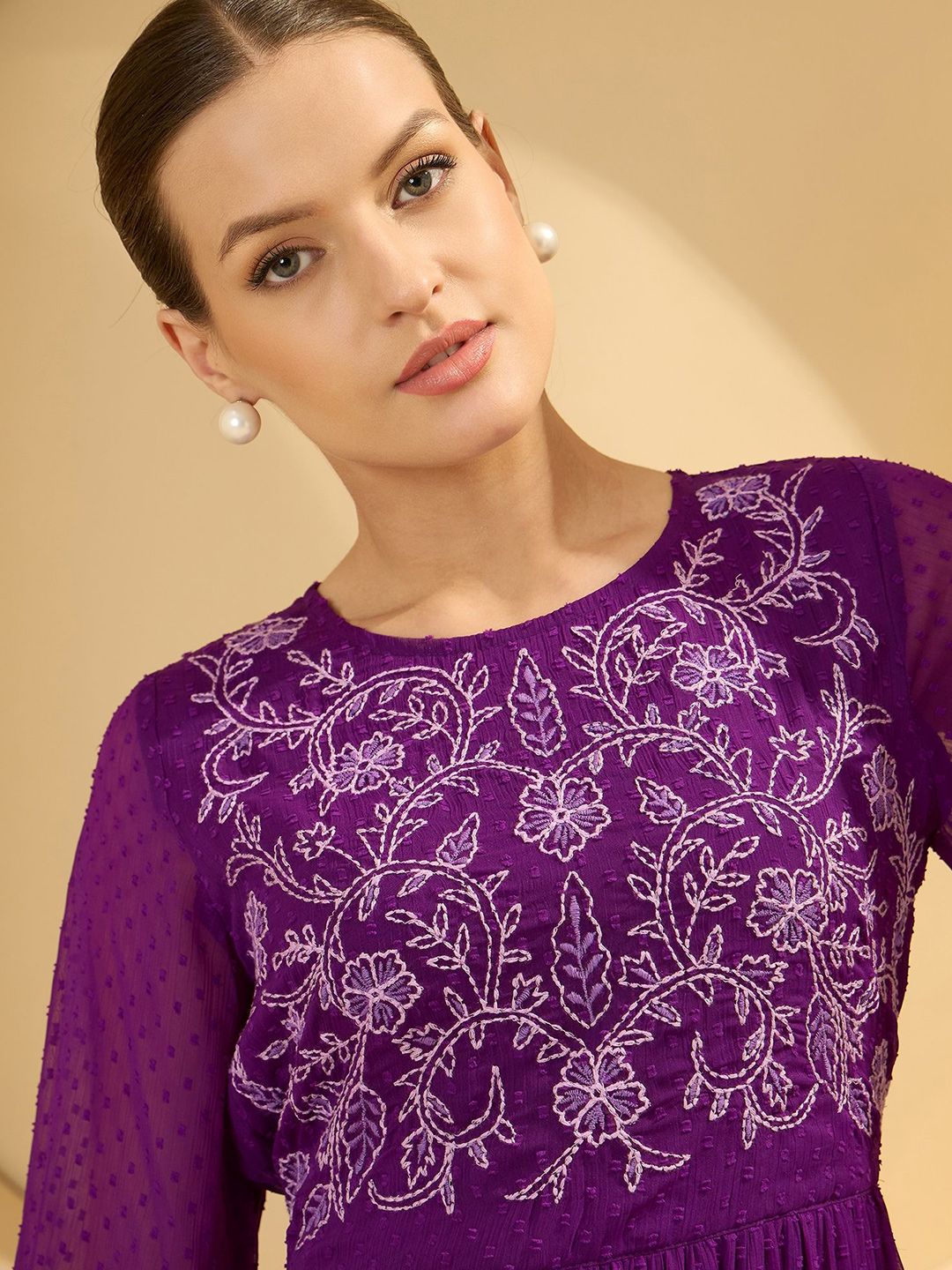 Antheaa Women Puff Sleeve Embroidered Fit and Flare Midi Dress