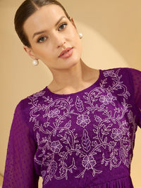 Antheaa Women Puff Sleeve Embroidered Fit and Flare Midi Dress