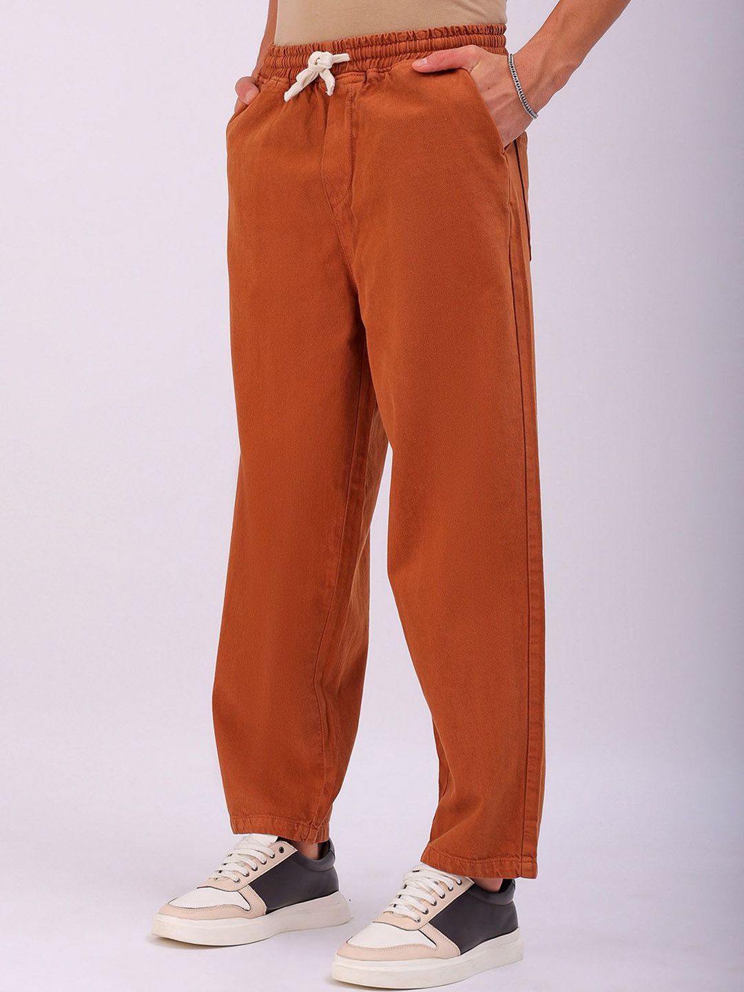 The Indian Garage Co Men Baggy Fit Cotton Elasticated Waist Jeans