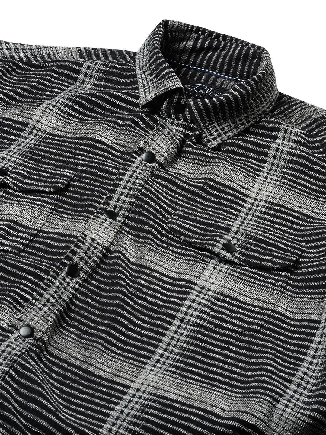 VASTRADO Men Black & White Checked Double Flap Pocket Textured Overshirt