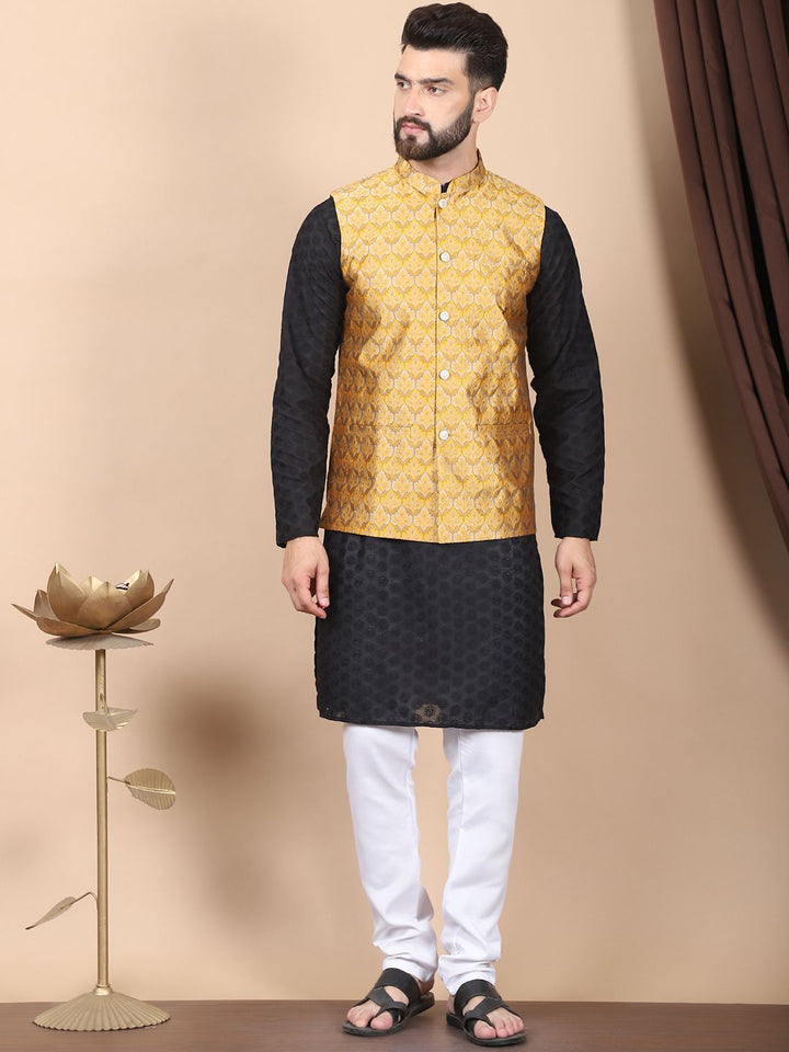 Anouk Black Floral Embroidered Thread Work Pure Cotton Kurta with Churidar & Nehru Jacket