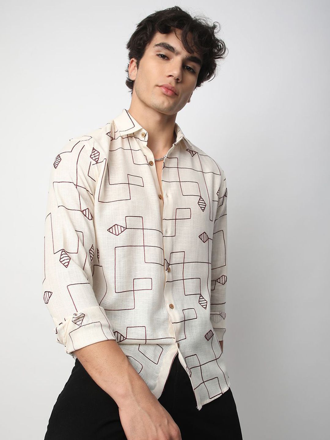 VASTRADO Men Classic Spread Collar Textured Cotton Slim Fit Casual Shirt