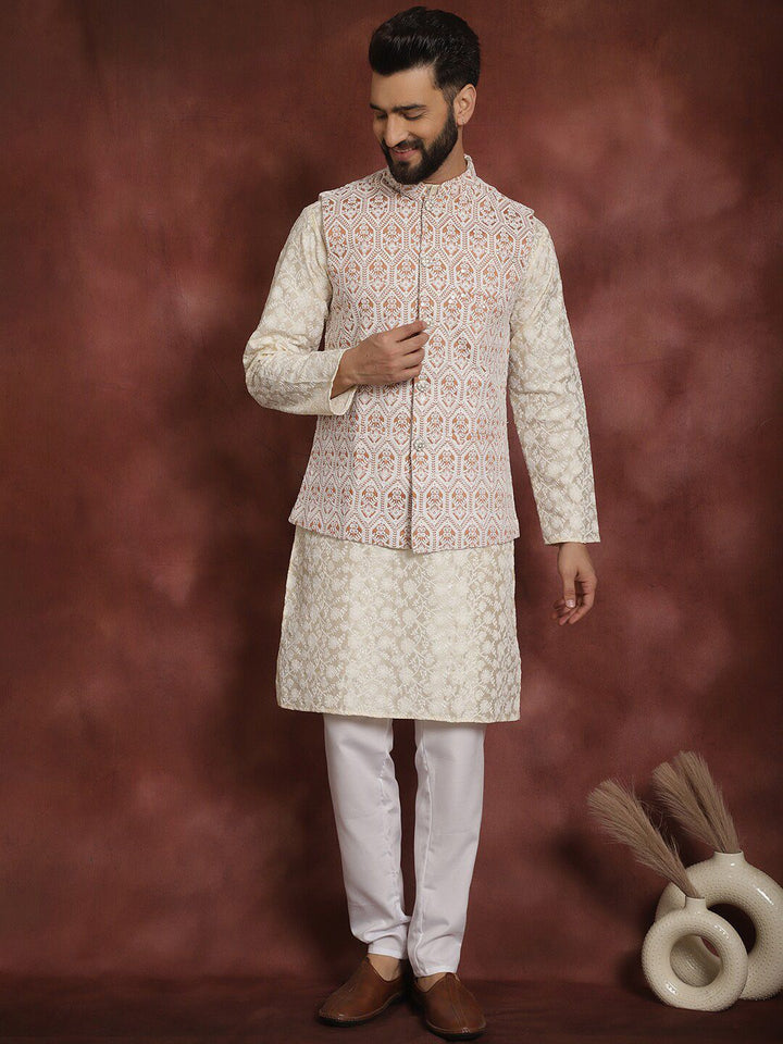 Anouk Men Floral Embroidered Thread Work Straight Kurta With Pyjama & Nehru Jacket