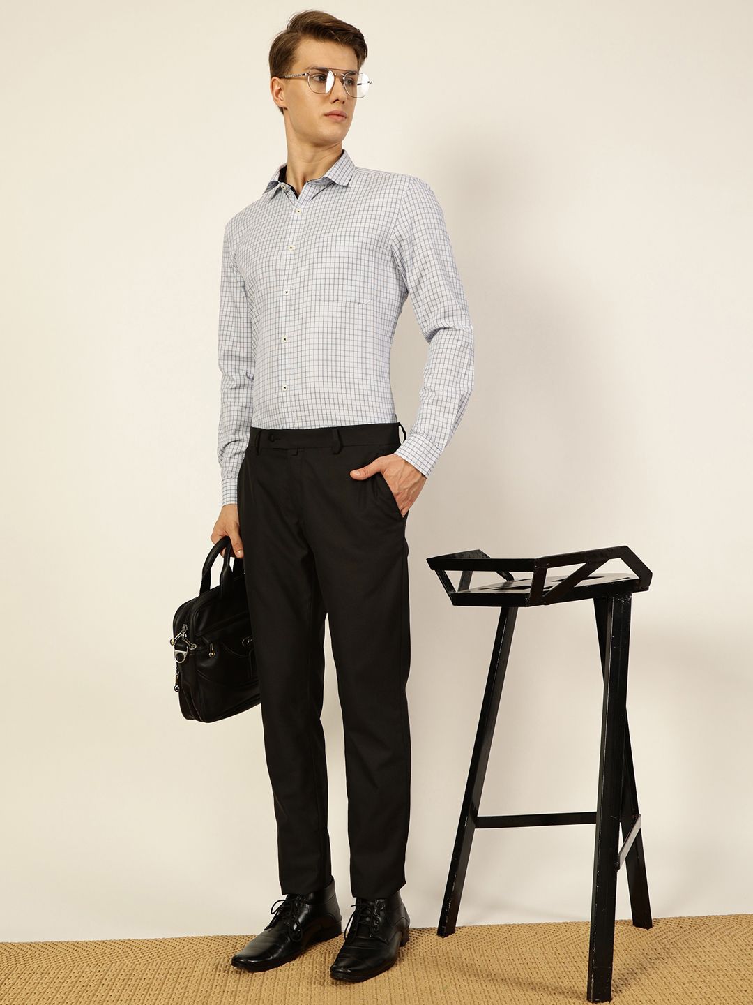 Thomas Scott Men Smart Cutaway Collar Gingham Checked Cotton Formal Shirt