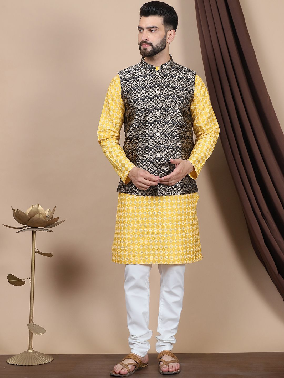 Anouk Floral Printed Regular Pure Cotton Straight Kurta With Churidar & Nehru Jacket