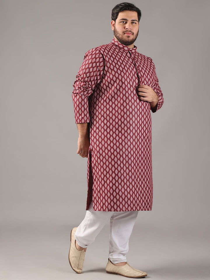 SOJANYA PLUS Plus Size Lelaki Motif Etnik Bercetak Kolar Jalur Kurta Lurus Dengan Piyama