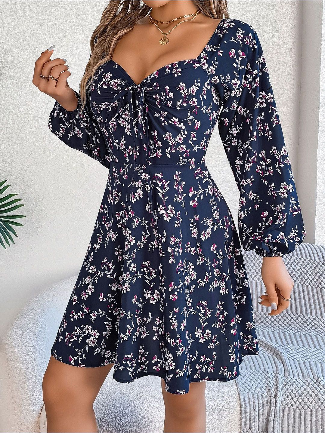 all about you Women Floral Print Puff Sleeve Fit & Flare Dress
