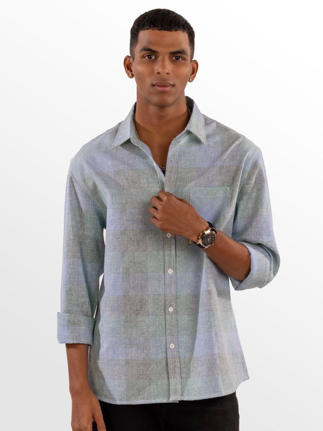 Eszett Men Checked Spread Collar Cotton Baju Kasual