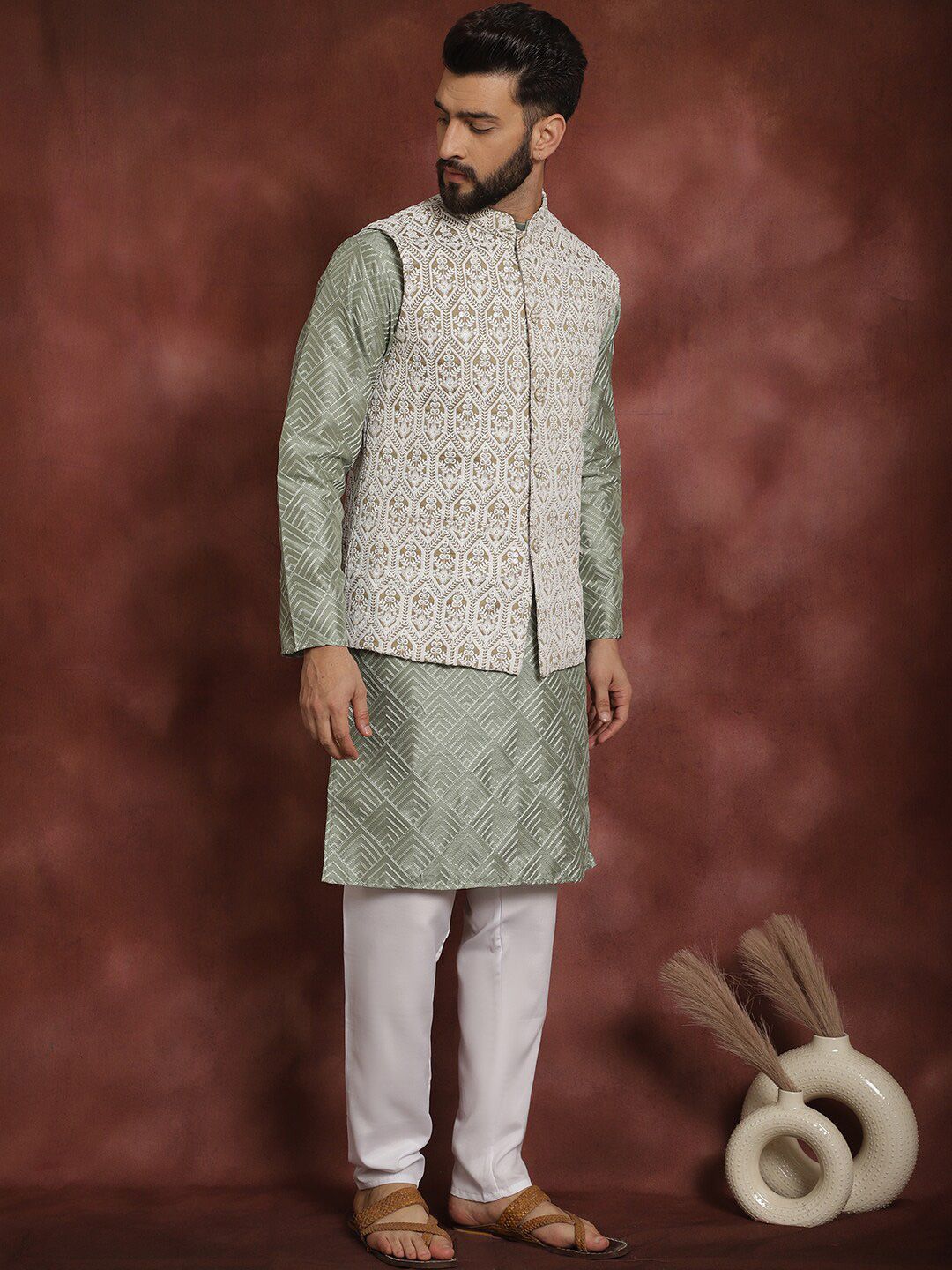 Anouk Ethnic Motifs Embroidered Regular Thread Work Kurta with Churidar & Nehru Jacket