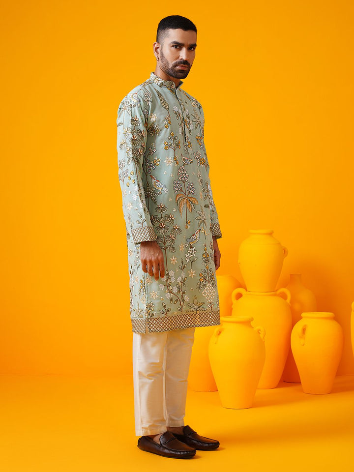 SOJANYA LUXE Kolar Mandarin Sulam Bunga Georgette Kurta Lurus Dengan Seluar