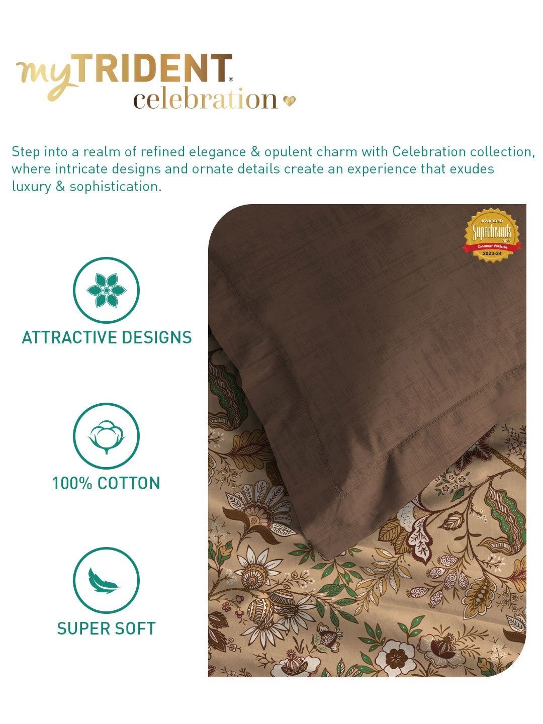 MYTRIDENT Chintz Brown Celebration Flat 144TC Queen Pure Cotton Bedsheet Set