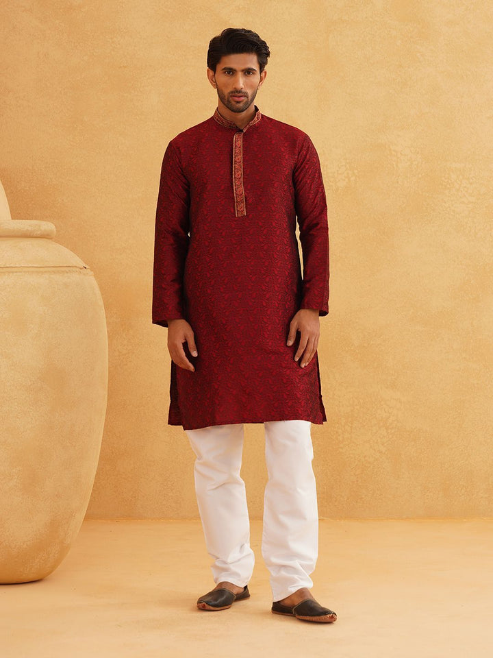 SOJANYA Woven Design Embroidered Band Collar Kurta With Churidar