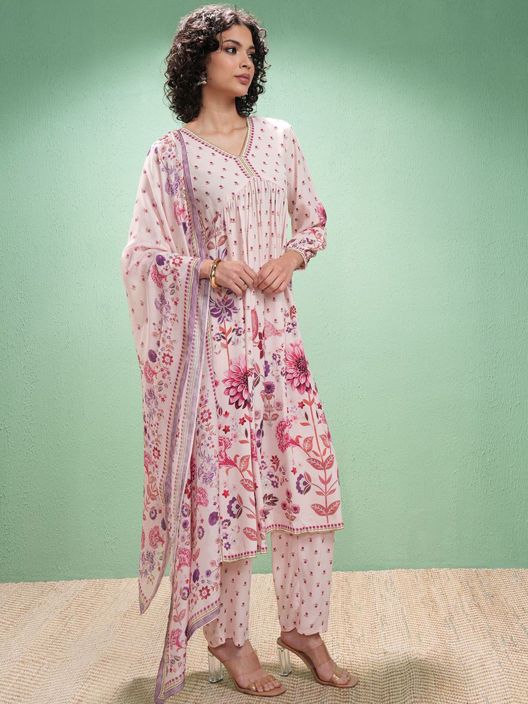 Vishudh Floral Printed V-Neck Empire A-Line Kurta With Trouser And Dupatta