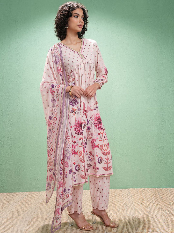 Vishudh Floral Printed V-Neck Empire A-Line Kurta With Trouser And Dupatta