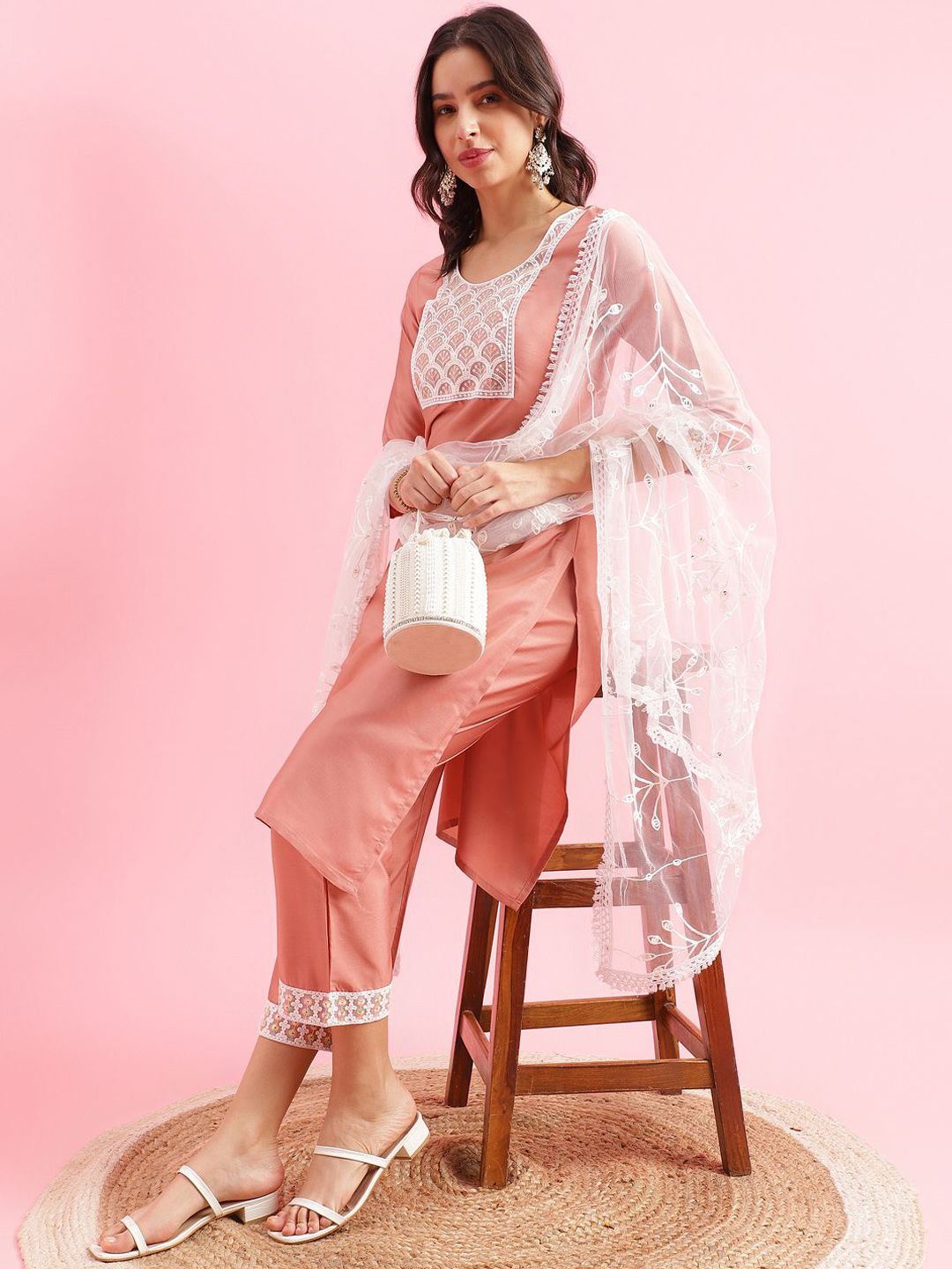 KALINI Floral Yoke Design Straight Thread Work Kurta with Trousers & Dupatta