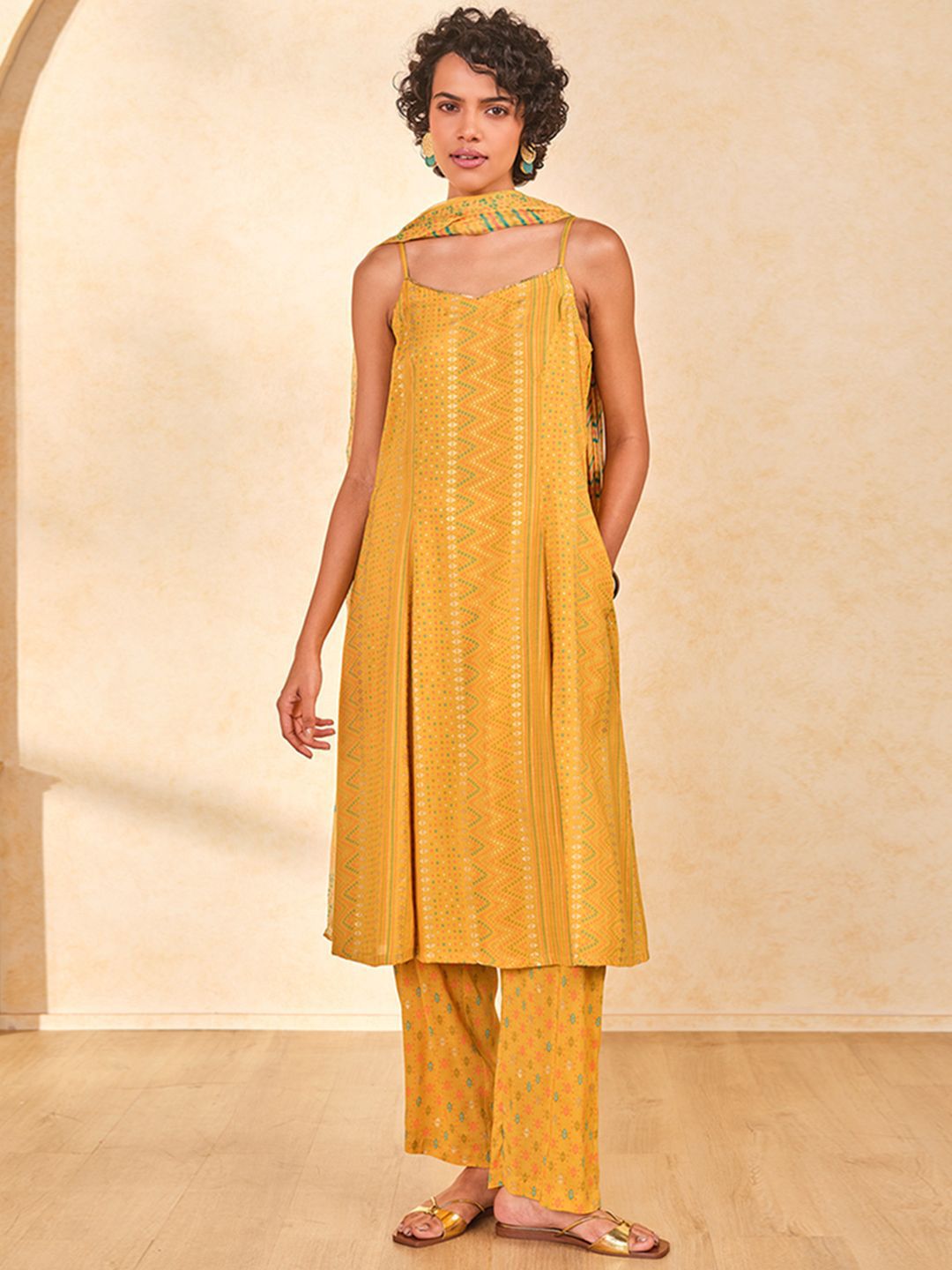 Global Desi Geometric Printed Shoulder Straps A-Line Kurta with Trousers & With Dupatta