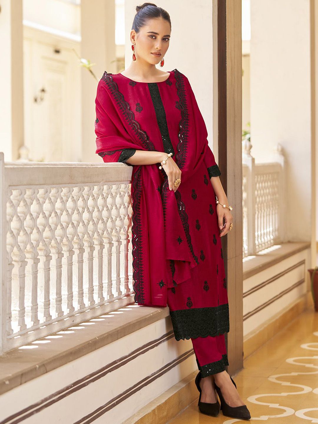 KALINI Floral Embroidered Straight Kurta with Trousers & Dupatta