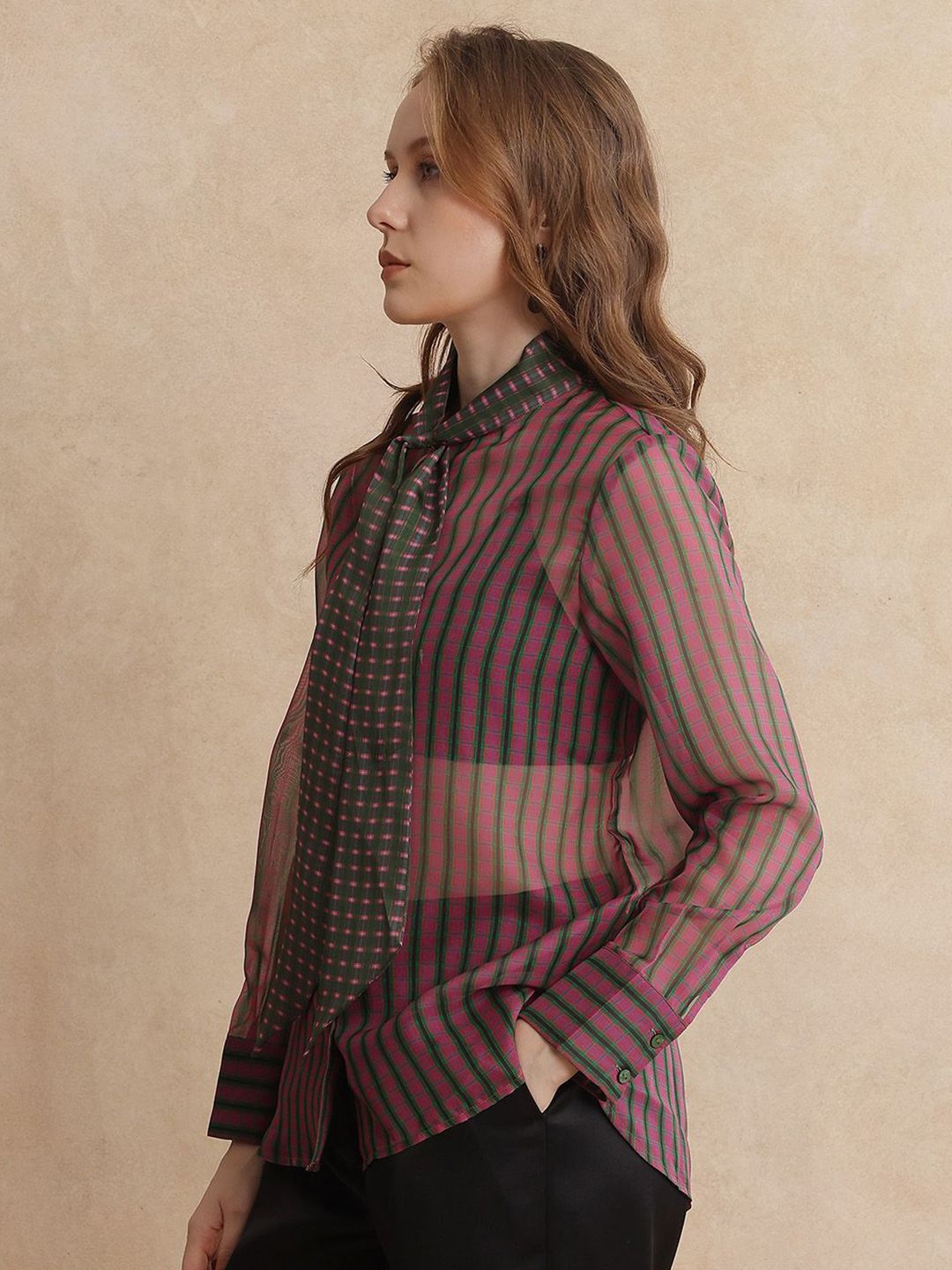 RAREISM Women Checked Tie-Up Neck Shirt Style Top