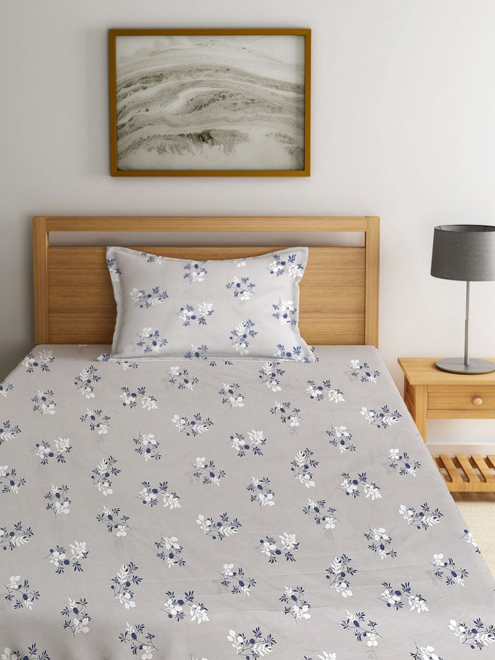 Myntra Elegant Homes Grey Floral Polycotton 300 TC Single Cadar Halus dengan Sarung Bantal-87 x 59 inci