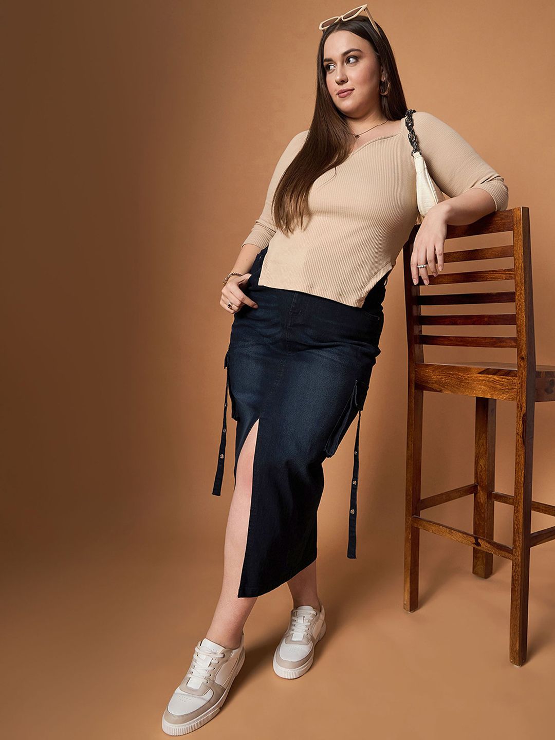 SASSAFRAS Curve Denim Pencil Midi Length Skirt