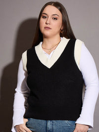 SASSAFRAS Curve Women Colourblocked Plus Size Sweater Vest