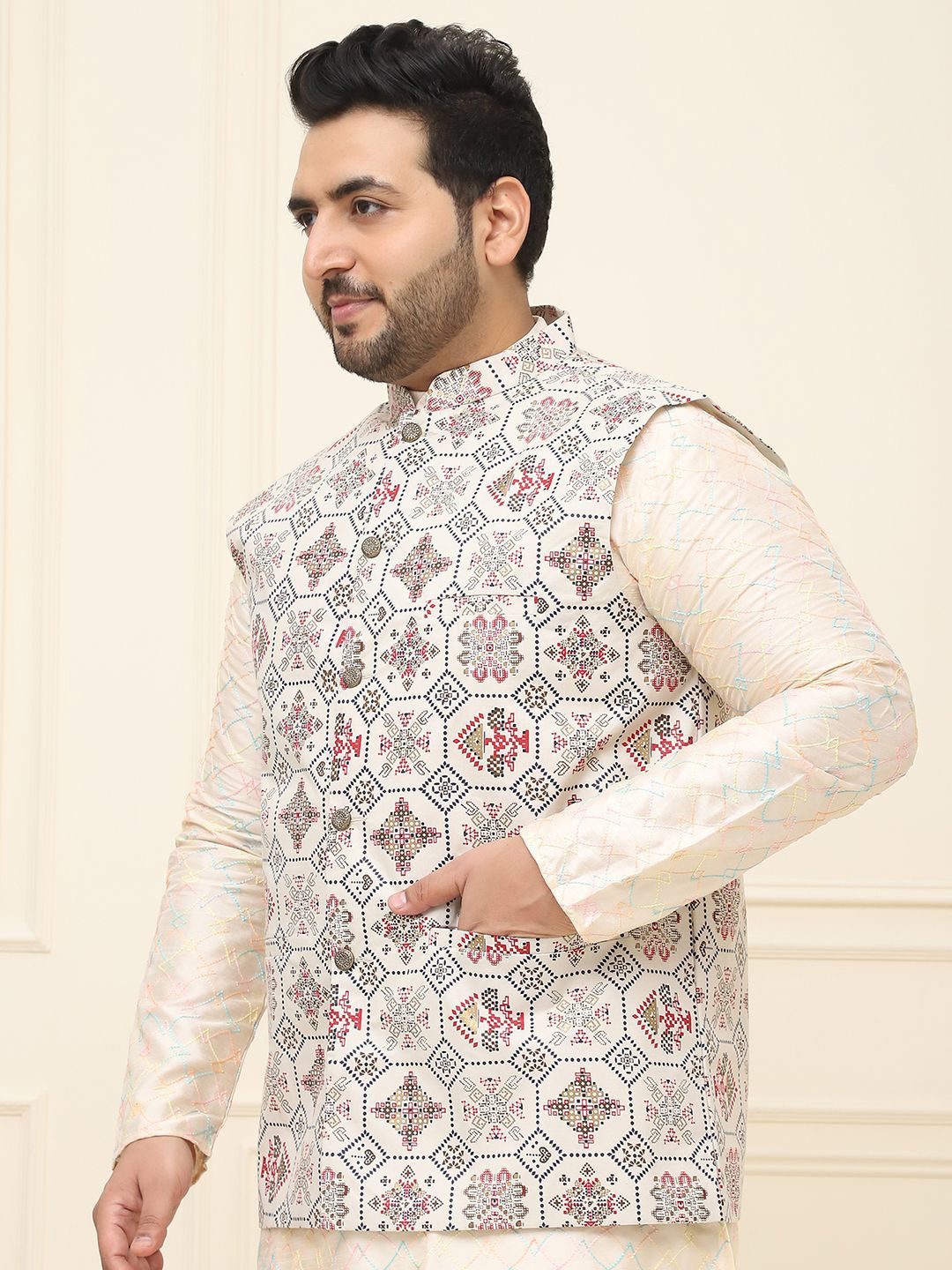 SOJANYA PLUS Men Printed Nehru Plus Size Jacket