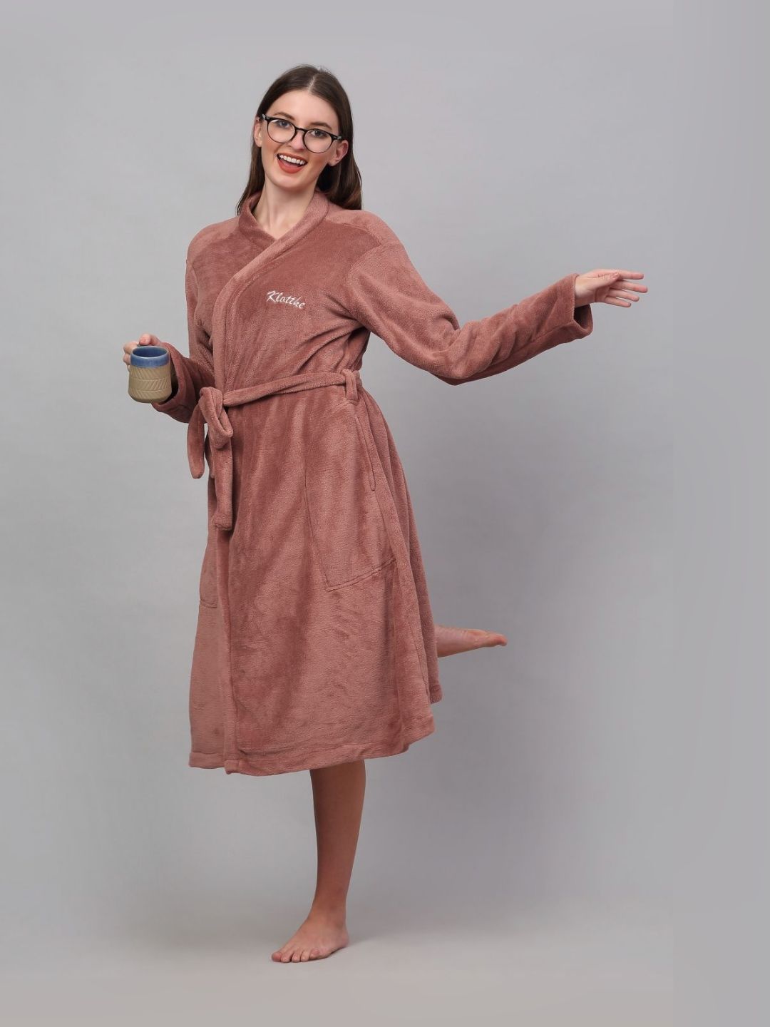 KLOTTHE Rust Woolen Shawl Collar Bath Robe With Belt