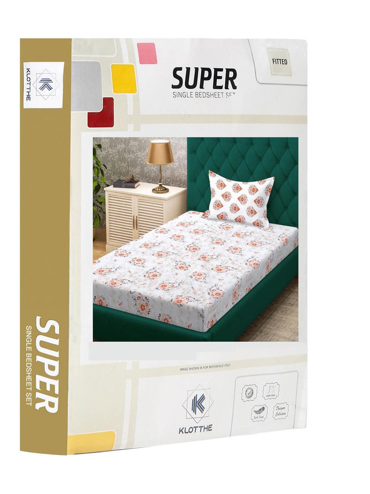 KLOTTHE Orange Floral Cotton Single Bedsheets