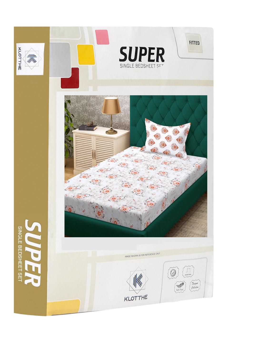 KLOTTHE Orange Floral Cotton Single Bedsheets