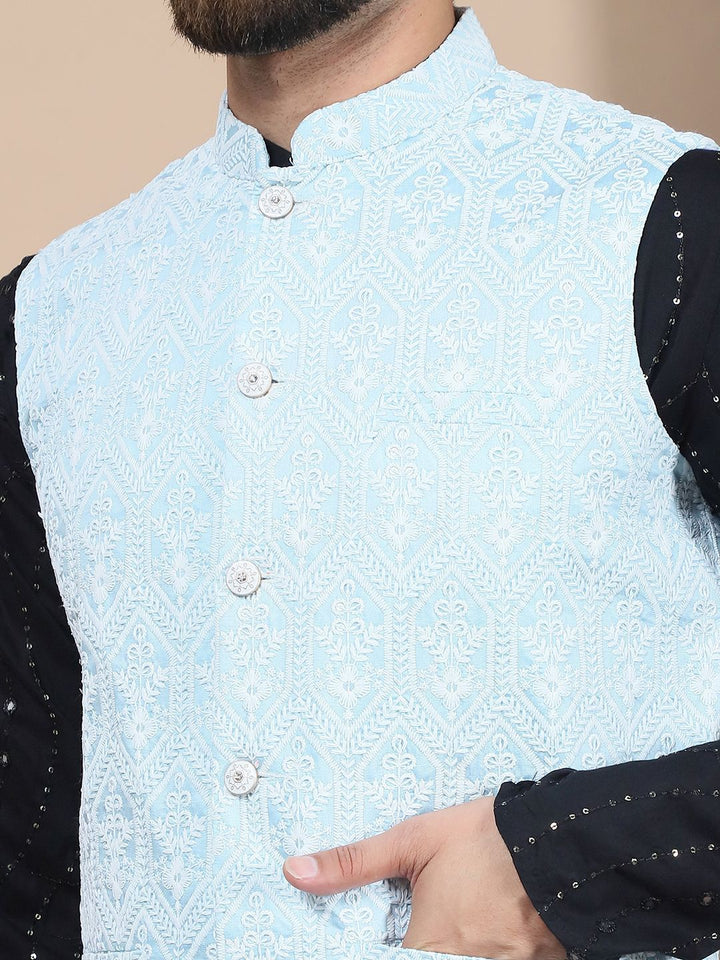 Anouk Embroidered Sequinned Pure Cotton Straight Kurta With Churidar & Nehru Jacket