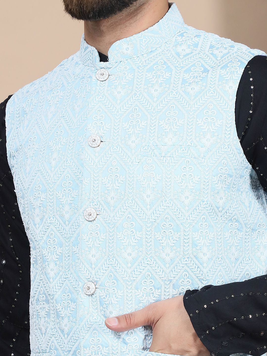 Anouk Embroidered Sequinned Pure Cotton Straight Kurta With Churidar & Nehru Jacket