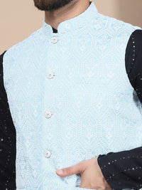 Anouk Embroidered Sequinned Pure Cotton Straight Kurta With Churidar & Nehru Jacket