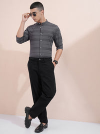 Highlander Men Charcoal Dobby Textured Striped Mandarin Collar Casual Shirt