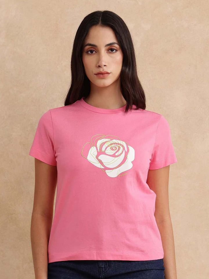 Rareism Wanita bunga T-Shirt Tepi Mentah Bercetak