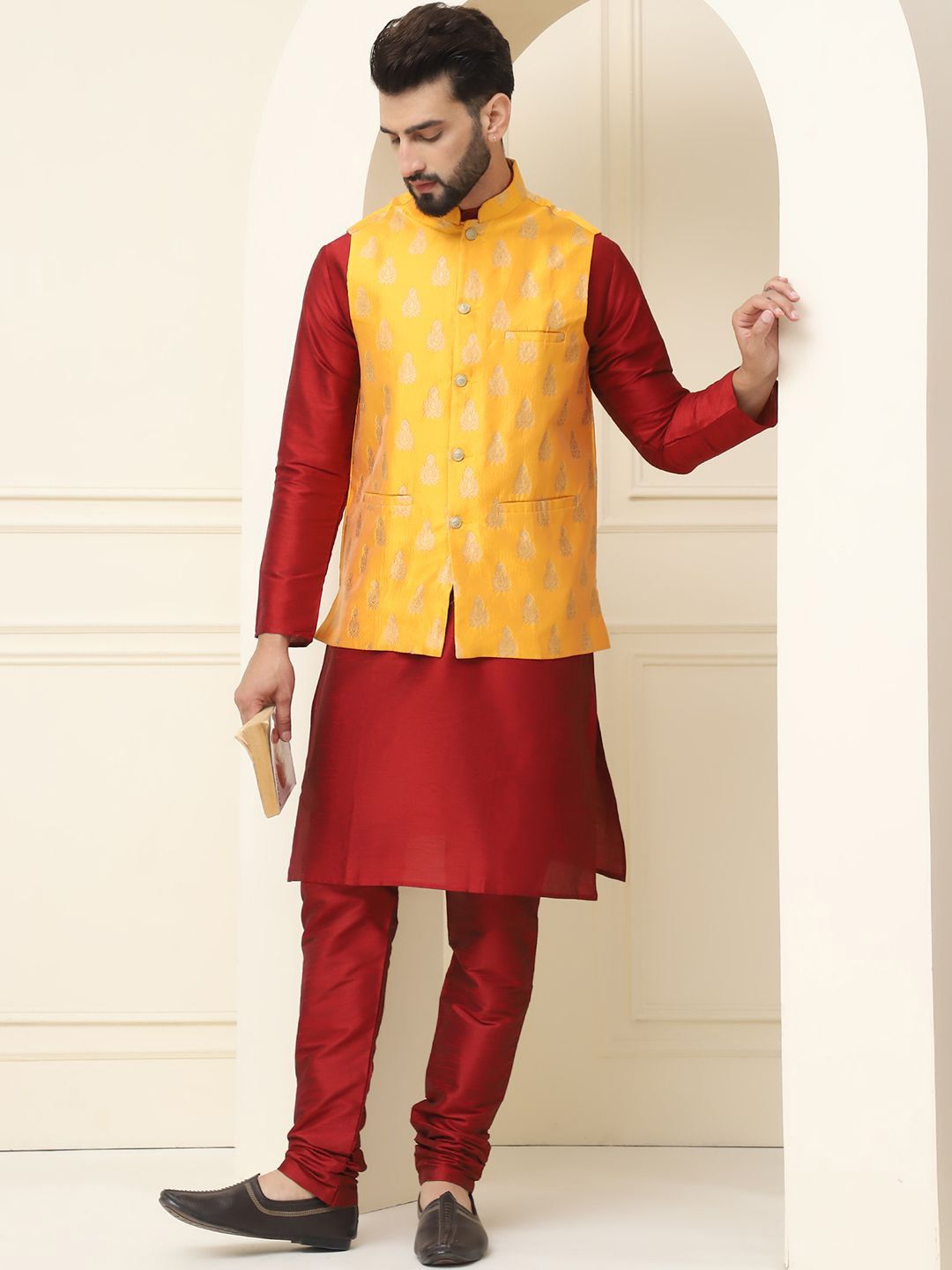 SOJANYA Mandarin Collar Silk Cotton Kurta With Churidar & Woven Design Nehru Jacket