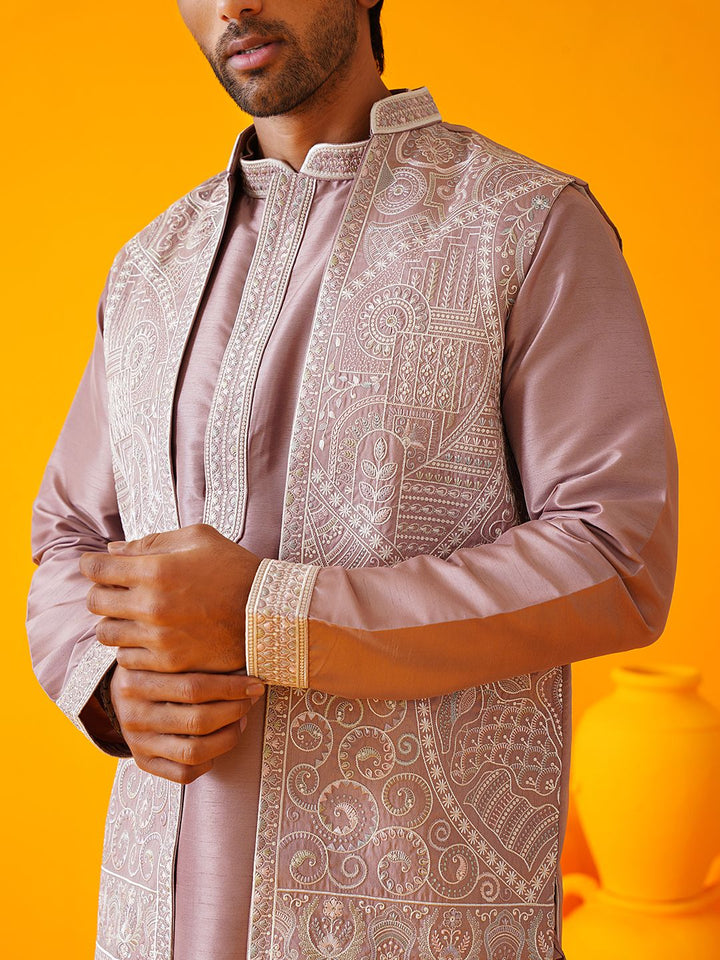 SOJANYA LUXE Motif Etnik Bersulam Kolar Mandarin Kurta Lurus & Seluar & Jaket