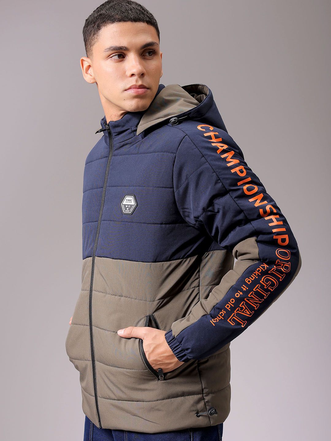The Indian Garage Co Men Hooded Colourblocked Casual Puffer Jacket