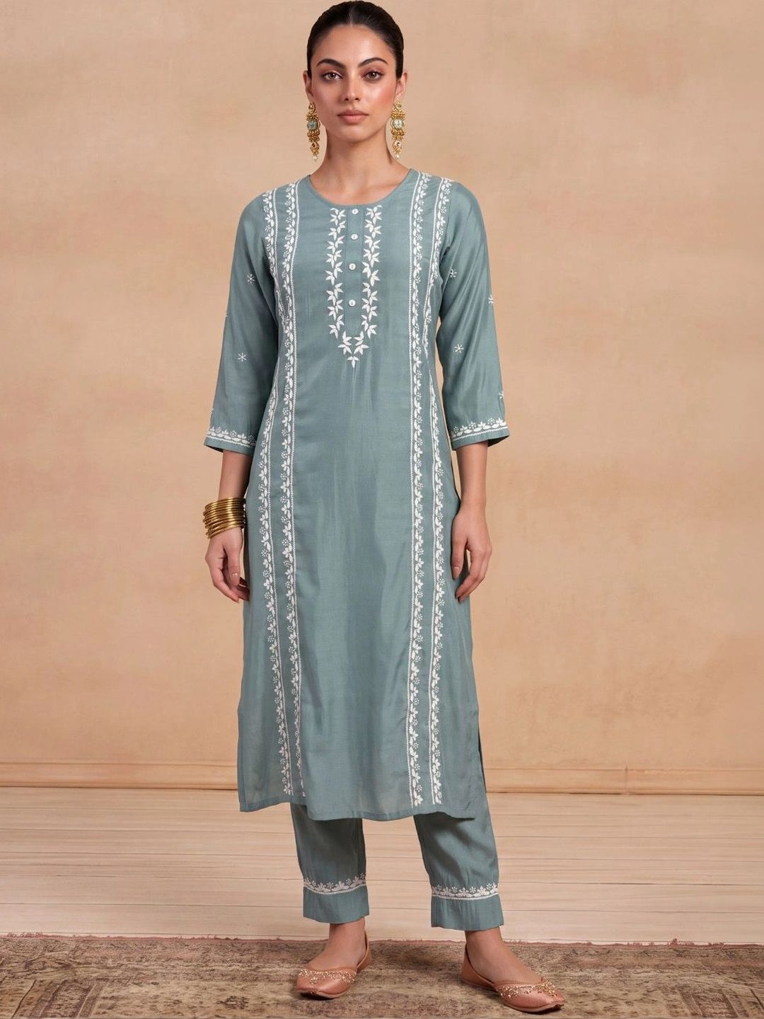 House of Chikankari Women Ethnic Motifs Embroidered Regular Thread Work Kurta with Trousers