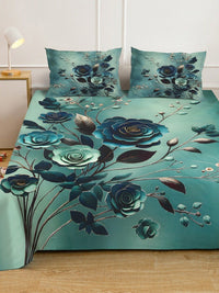 KLOTTHE Green Floral Printed Flat 300 TC Super King Cadar Dengan 2 Sarung Bantal