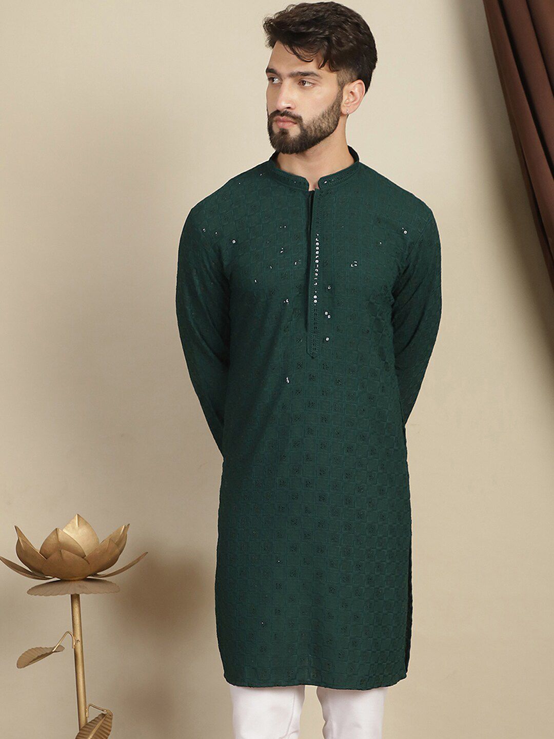 Anouk Green Geometric Sulam Kolar Mandarin Lengan Panjang Kurta Kapas Labuci