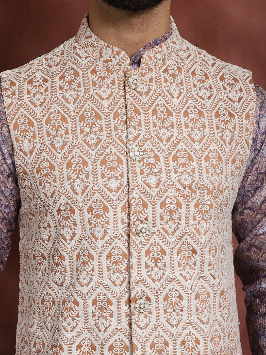 Anouk Striped Mandarin Collar Knee Length Regular Kurta with Churidar