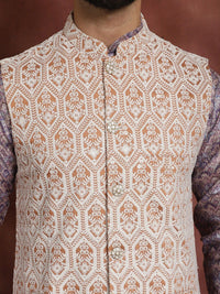 Anouk Striped Mandarin Collar Knee Length Regular Kurta with Churidar