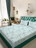 KLOTTHE Turquoise Floral Printed Fitted 300 TC King Double Bedsheet With 2 Pillow Covers