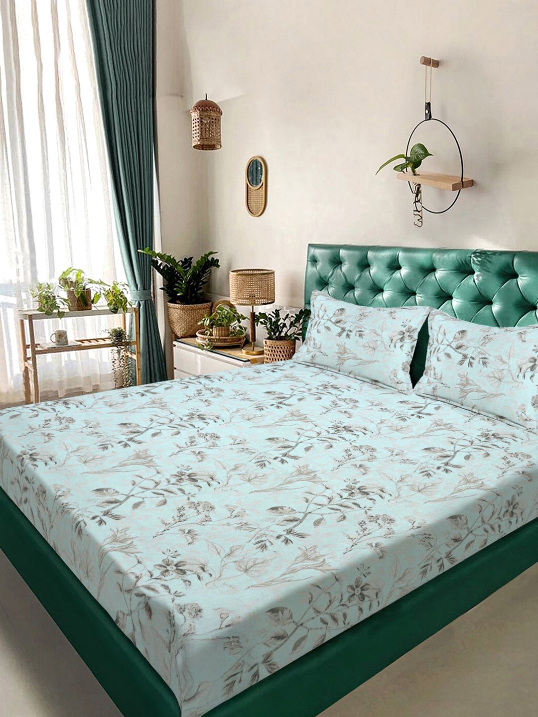 KLOTTHE Turquoise Floral Printed Fitted 300 TC King Double Bedsheet With 2 Pillow Covers