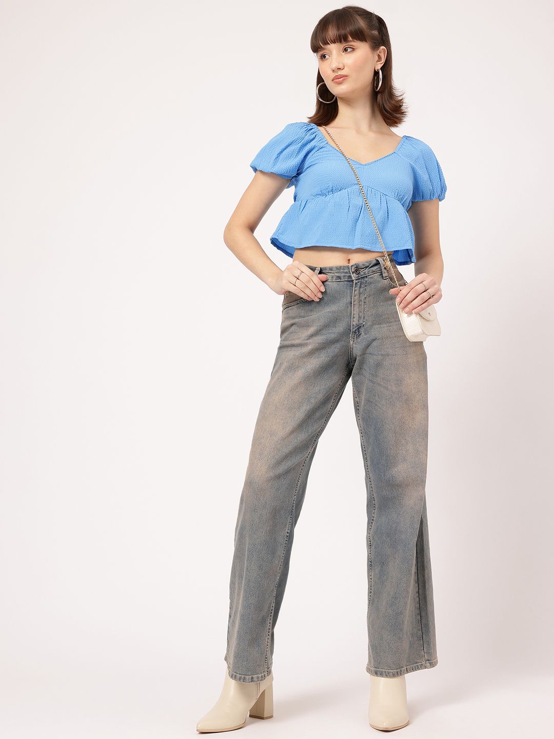DressBerry Dollface Chic Seersucker Sweetheart Neck Empire Crop Top