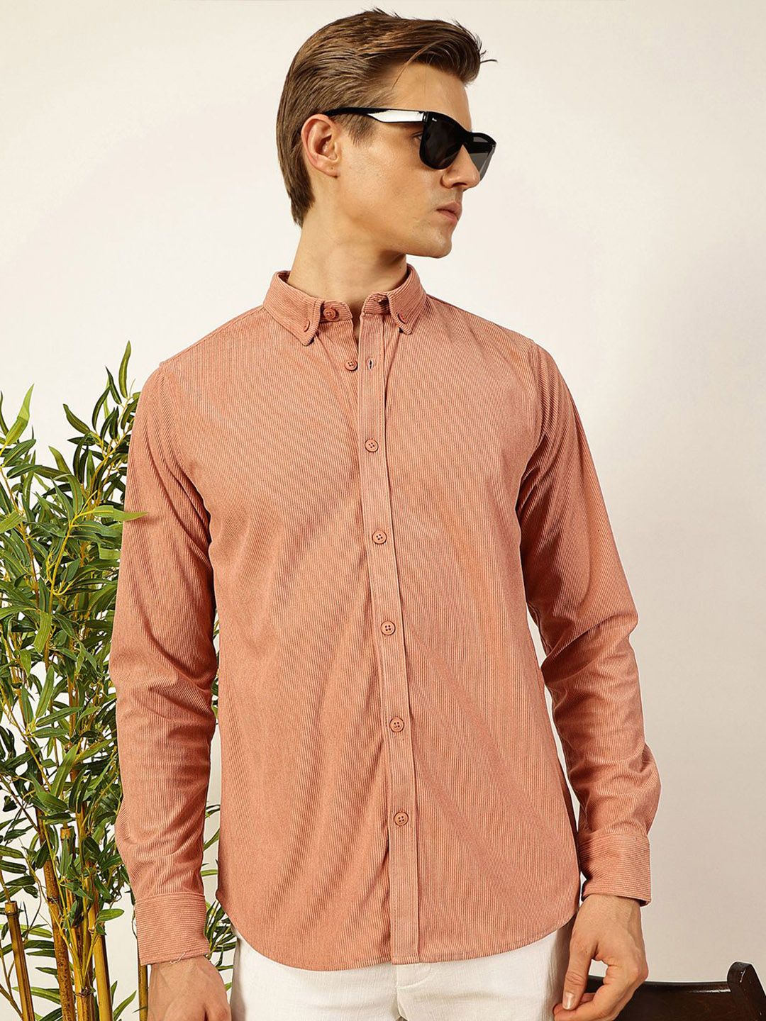 Thomas Scott Men Premium Corduroy Slim Fit Button-Down Collar Casual Shirt