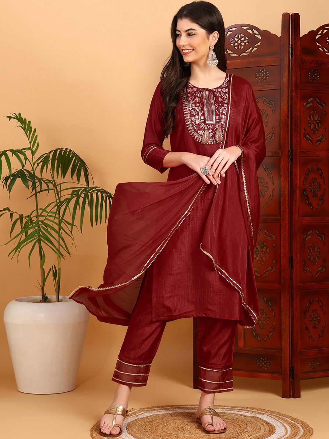 KALINI Ethnic Motifs Yoke Design Mirror Work Straight Kurta & Trousers With Dupatta