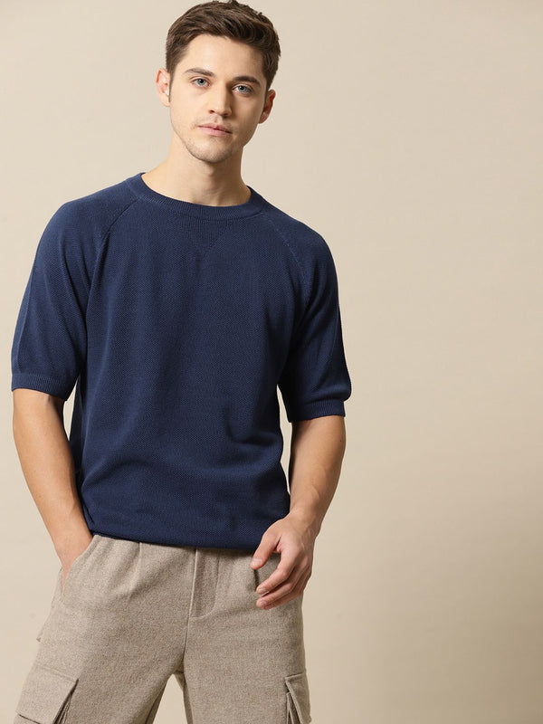 Mr Bowerbird Men Navy Blue Solid Tailored Fit Round Neck Sweater Pure Cotton T-shirt